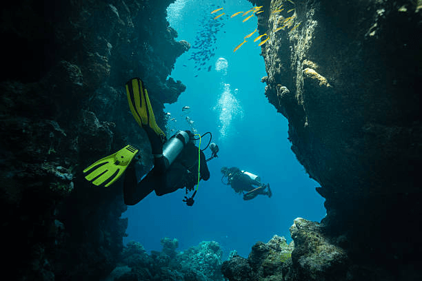 Divers exploring an underwater rock formation