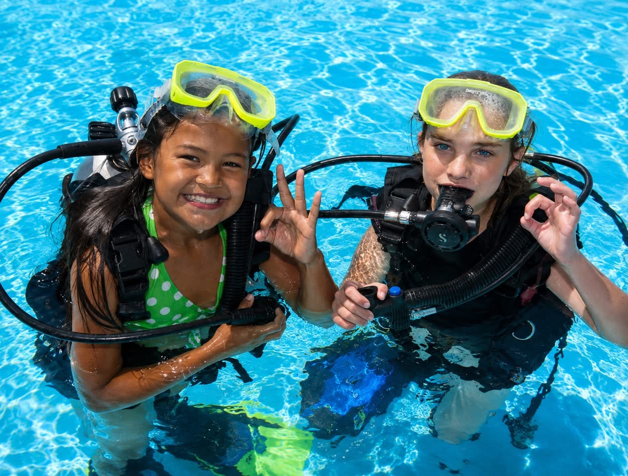 Two kids in scuba gear smiling in the pool during a Bubblemaker session